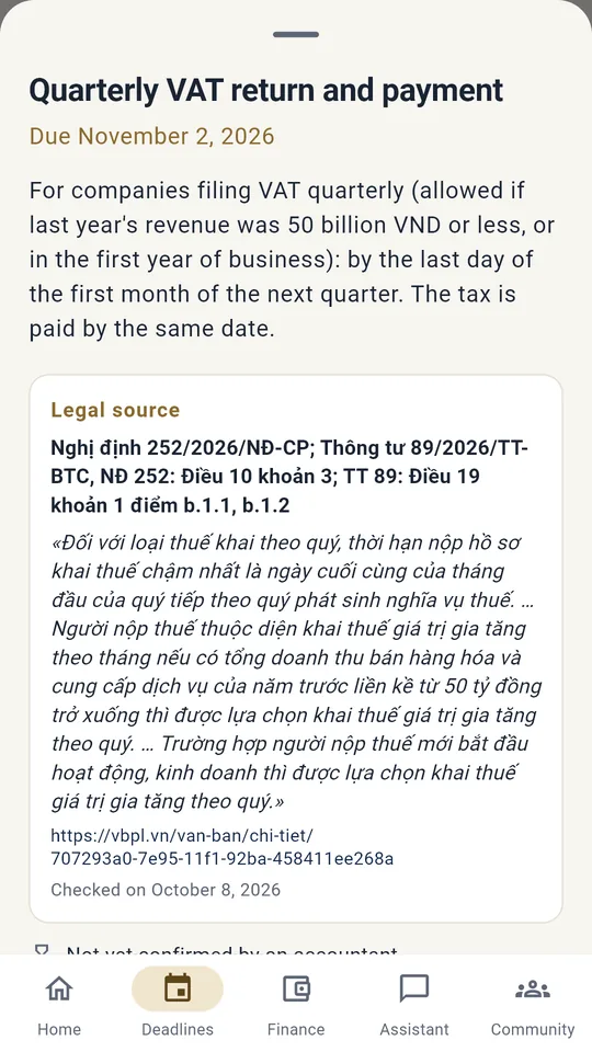 App screen: Deadlines with the legal basis