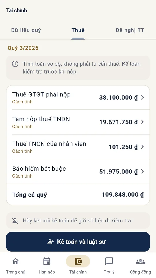 Màn hình ứng dụng: Ước tính thuế theo quý
