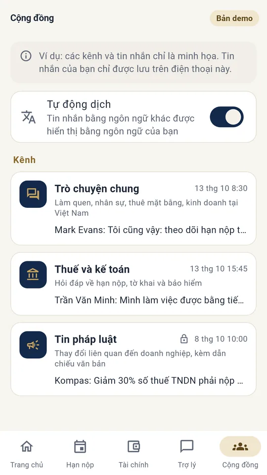 Màn hình ứng dụng: Cộng đồng bằng ngôn ngữ của bạn